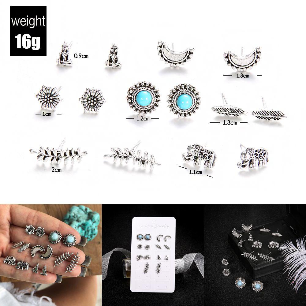 Anting Tusuk Nanas Set Bohemian Retro Wanita Cewek Antik Perak Batu Pirus