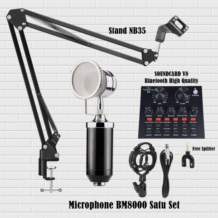 SALE Paket Full Set Mic BM8000 Plus Stand dan Soundcard V8 Untuk Streaming - Biru