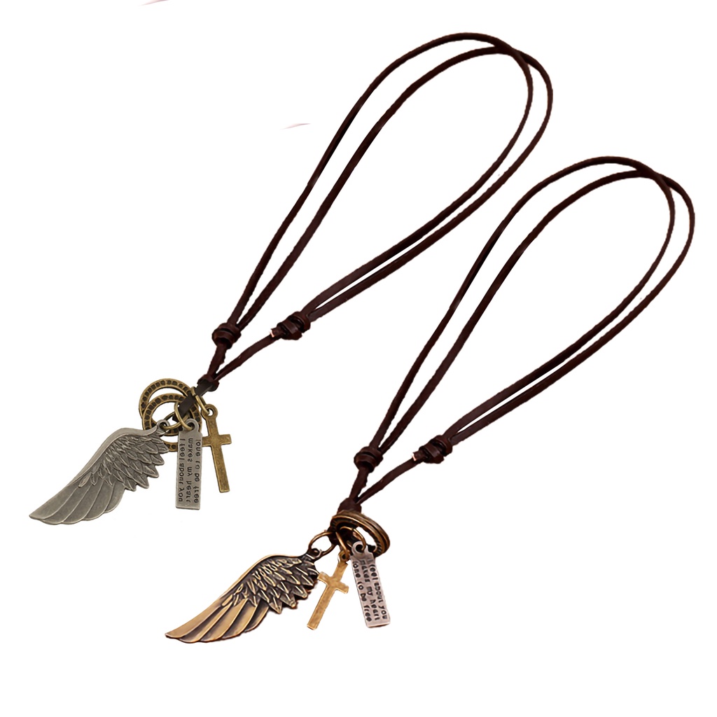 Hu Hu Hu Hu Hu Alat Bantu Pasang Kacamata♡ Kalung Tali Kulit Imitasi Liontin Sayap Malaikat Gaya Retro Untuk Unisex