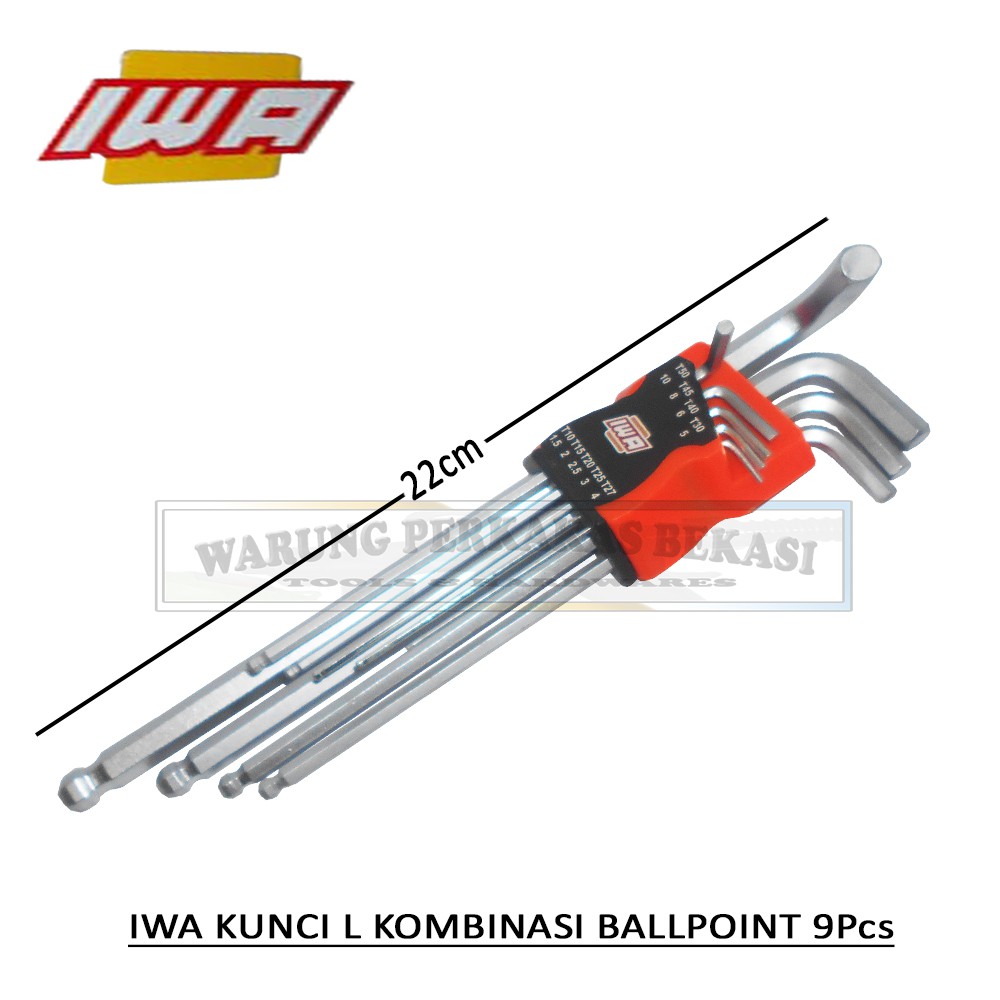 

IWA Kunci L Kombinasi Ballpoint 9Pcs Panjang 1.5mm 2mm 2.5mm 3mm 4mm 5mm 6mm 8mm 10mm