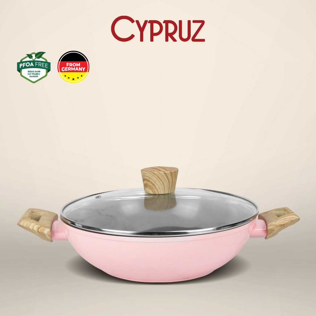 Cypruz Pink Ceramic Wok Pan + Tutup