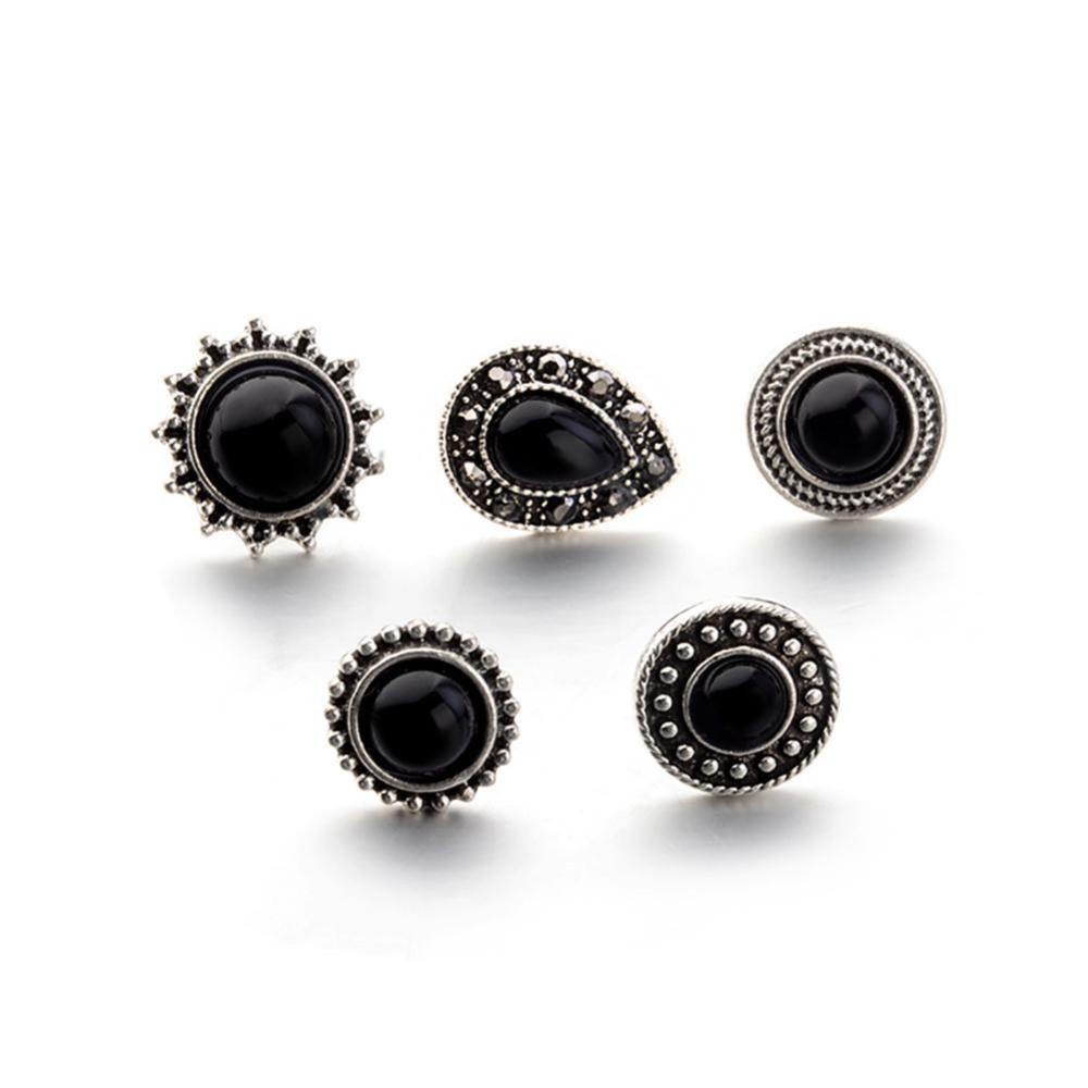 Timekey 5 Pasang / set Anting Tusuk Vintage Bentuk Bunga / Tetesan Air Hias Kristal Hitam Untuk Wanita A9K1