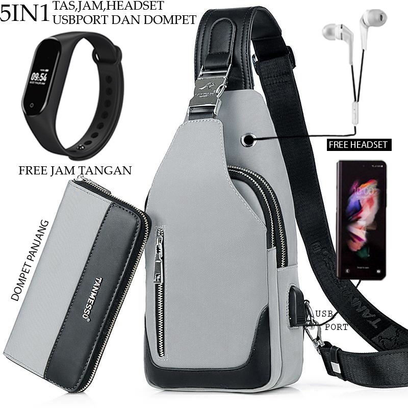 TANMESSO 5in1 BAYAR DITEMPAT- JAM LED -HEADSET- DOMPET -USBPORT -TAS WATERPROOF-BAHAN INTERPILAR SENDIRI LEMBUT DAN TEBAL MENGANDUNG 70%COTTON BUKAN PARASUT ATAU KANVAS SEPERTI YANG BEREDAR DIPASARAN-TAS SELEMPANG PRIA-SLING BAG PRIA