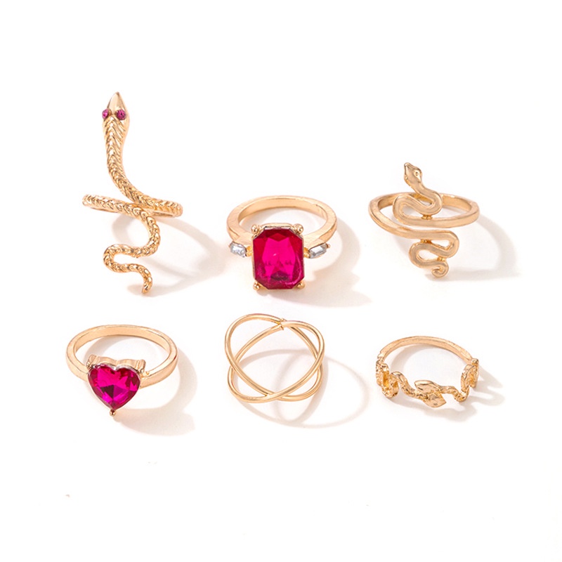 6pcs / Set Cincin Berlian Ruby Bentuk Ular Silang Persegi Gaya Vintage