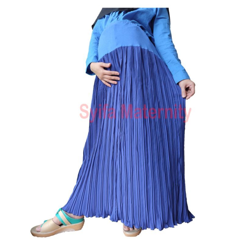 BA43 Rok Hamil Plisket - Syifa Maternity-Biru Cerutti crepe