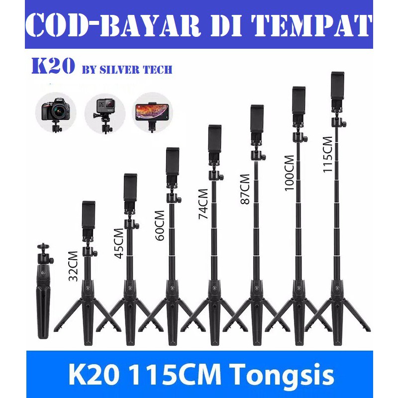 Tongsis Tripod 3 in 1 K20 Alluminium Alloy dengan Bluetooth Remote