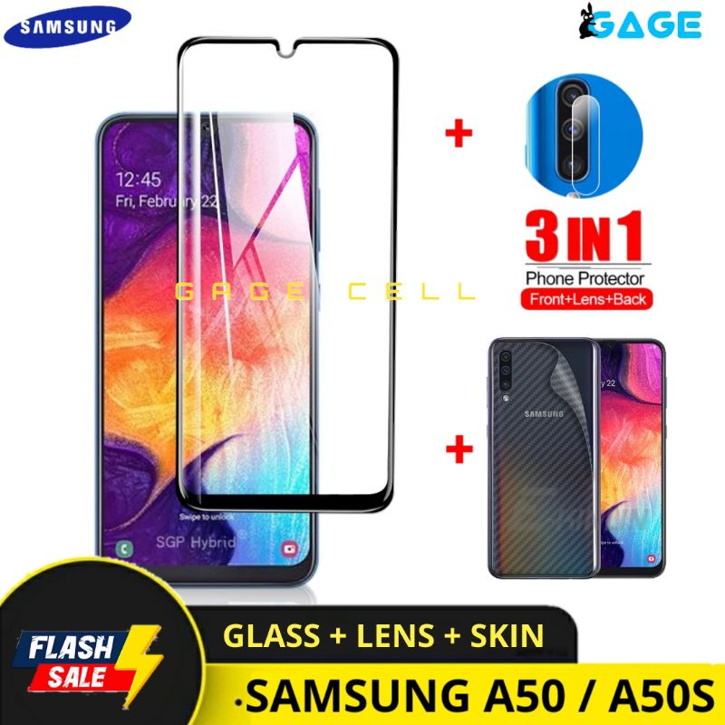 PROMO 3IN1 TEMPERED GLASS LAYAR KAMERA SKIN CARBON SAMSUNG GALAXY A50 A50S TG ANTI GORES FULL SCREEN