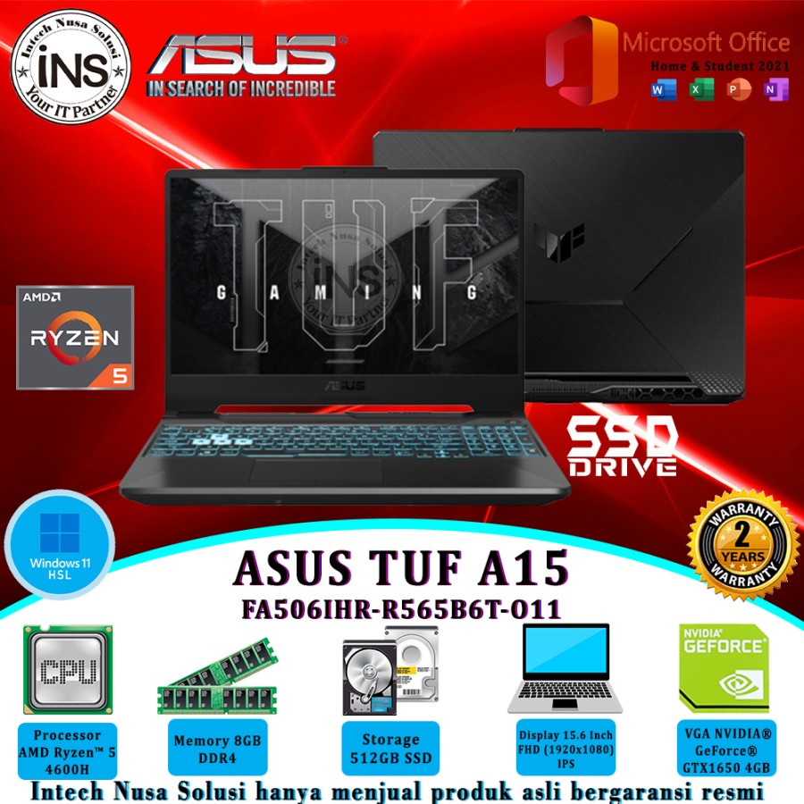 ASUS TUF A15 FA506IHR Ryzen 5 4600H 8GB 512GB SSD VGA WIN10HSL OHS 21 2YR