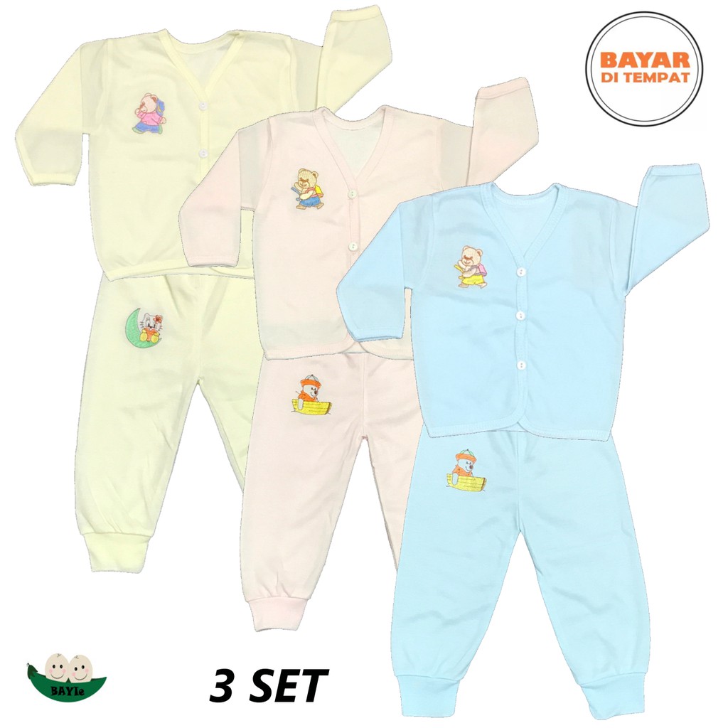 BAYIe - 3 SET Setelan Baju Bayi Panjang+Celana Panjang Warna LILY PREMIUM Bahan TC tebal 0-3 bulan