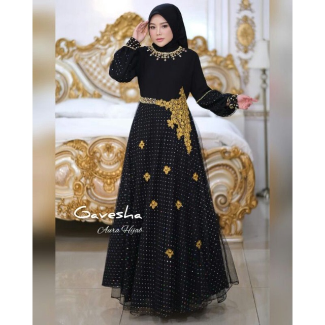 SK. BIG SALE RAMADHAN - GAMIS GAVESHA GOWN ORIGINAL AURA HIJAB -  GAMIS BORDIR - BAJU GAMIS PESTA TU