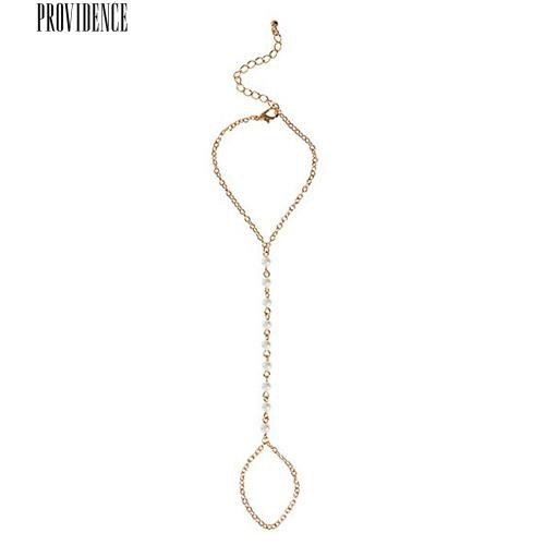 [Bayar Di Tempat]  Perempuan Faux Pearl Bracelet Link Finger Cincin Tangan Rantai Harness Jewelry