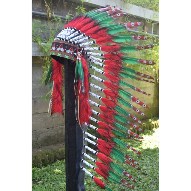 TOPI INDIAN - INDIAN HEADDRESS MEDIUM ANGSA MONTE HIJAU MERAH FIR MERAH