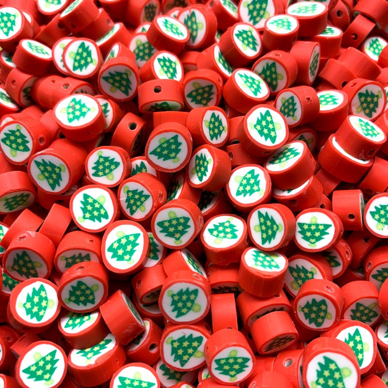 30pcs / Pak 10mm Manik-Manik Polymer Clay Bentuk Pohon Natal Untuk Gelang