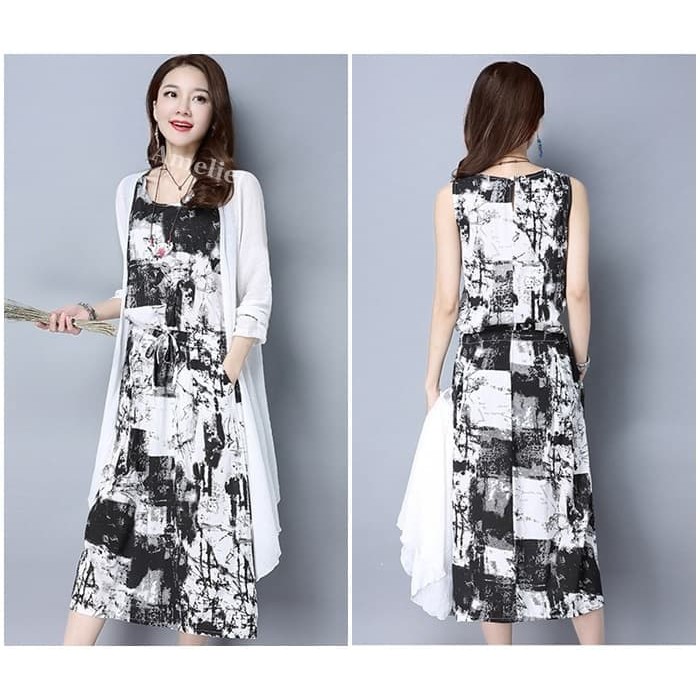Murah midi dress long cardigan panjang putih wanita korea import ab735537