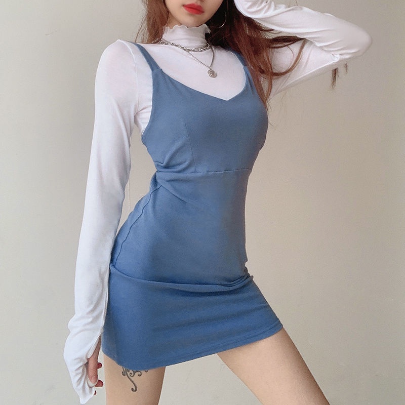 BIIKPIIK gaun dua potong wanita warna solid leher bulat T-shirt lengan panjang + rok suspender rampi