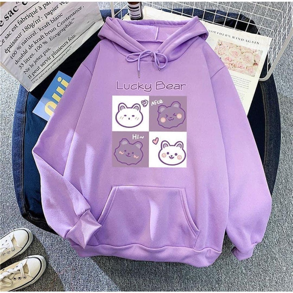 Sweter Hoodie remaja anak tanggung Lucky Bear Bahan Fleece ori