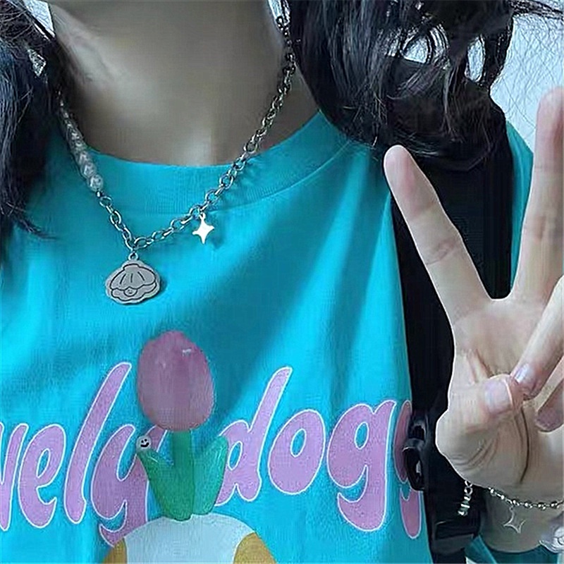 Kartun sweet cool Mutiara jahitan rantai kalung untuk wanita ins gaya keren lucu mutiara bintang lau