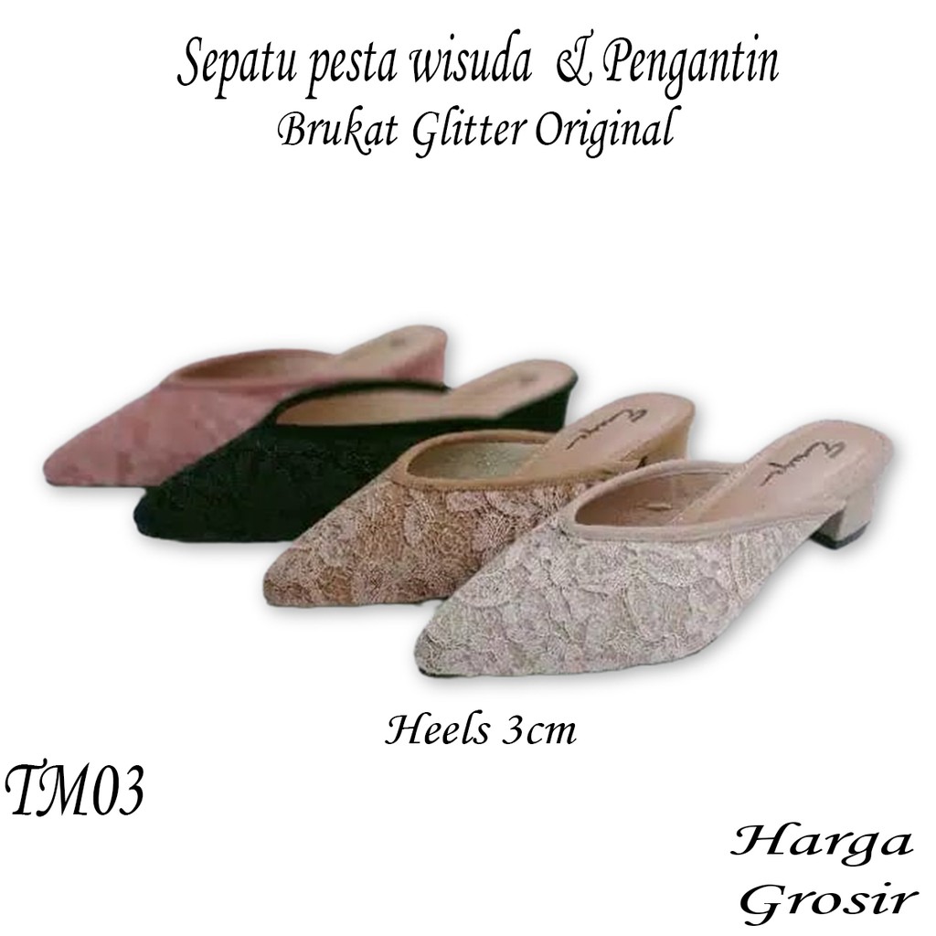 EMYE - Sepatu Heels Brukat Glitter Original Berkualitas Wanita Hak Tahu 3 Cm High Hells Wanita Brokat Sandal Kondangan Pernikahan