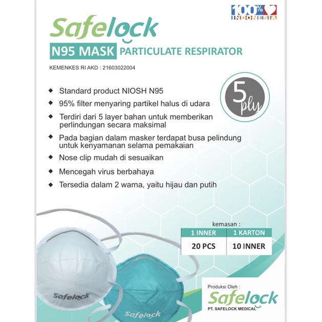 Safelock masker N95 box 20 pcs ( masker 5 ply medis )