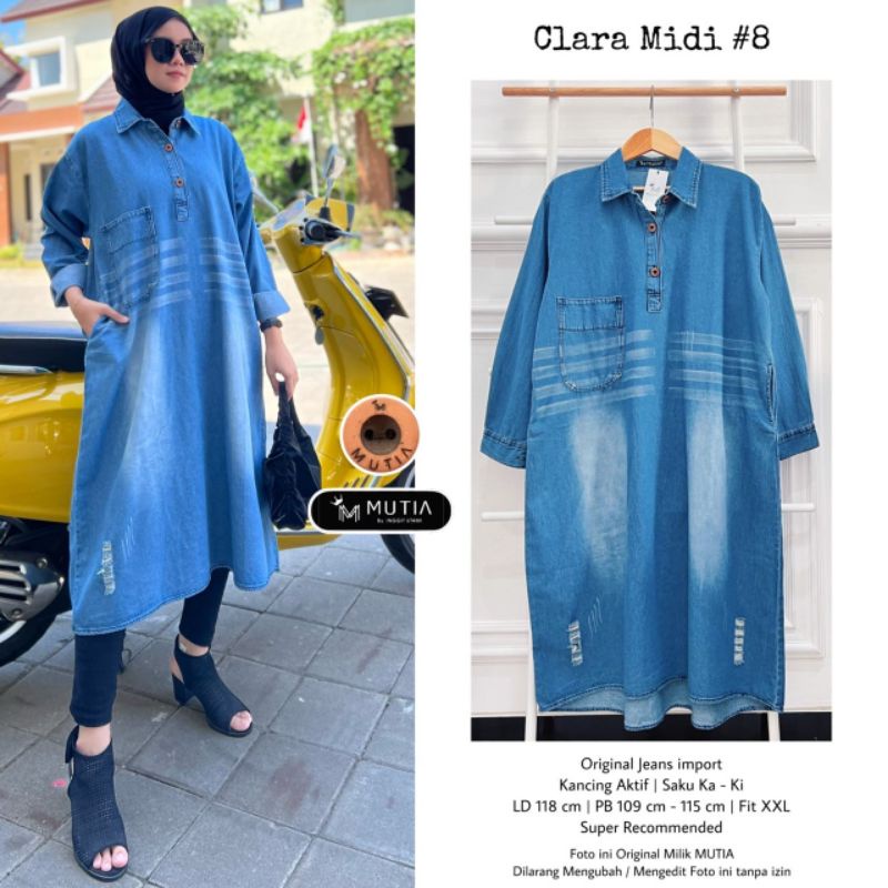 CLARA MIDI #8 BY MUTIA / MIDI JEANS WANITA MUSLIMAH / Dress pendek jeans blue premium