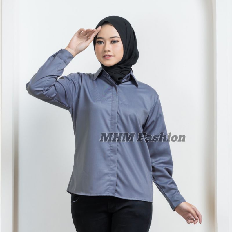 Kemeja Wanita Putih Hitam Marun Navy Army Abu LD 96 LD 100 LD 106 Polos Basic Lengan Panjang Atasan Blouse Casual Kantor Formal shirt Korea Toyobo Murah Adem serap Keringat-DarkGrey