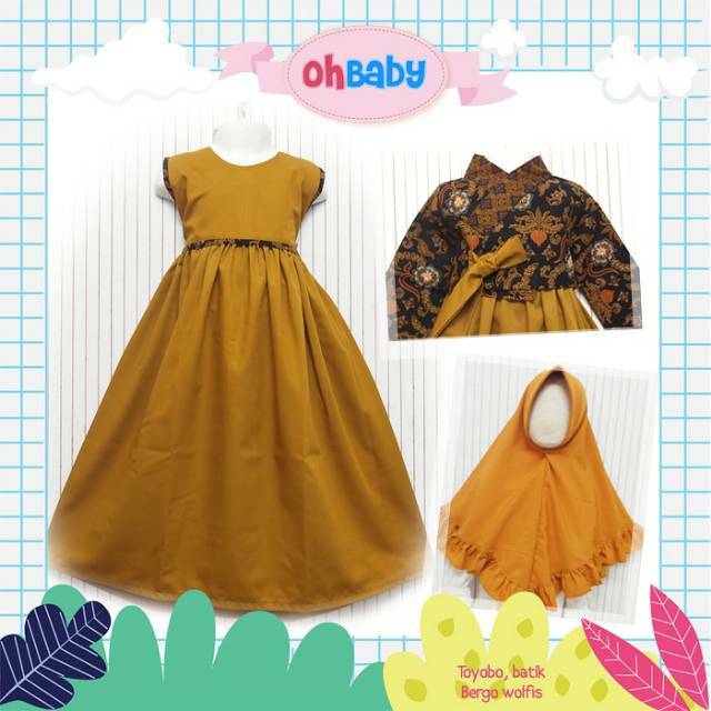 Gamis Anak Model Hanbok Motif Batik Toyobo Polos Warna Kuning Gold