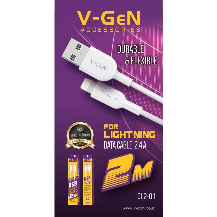 Kabel Data Lightning V-GeN CL2-01 Kabel iPhone 2.4A VGEN USB 2 Meter