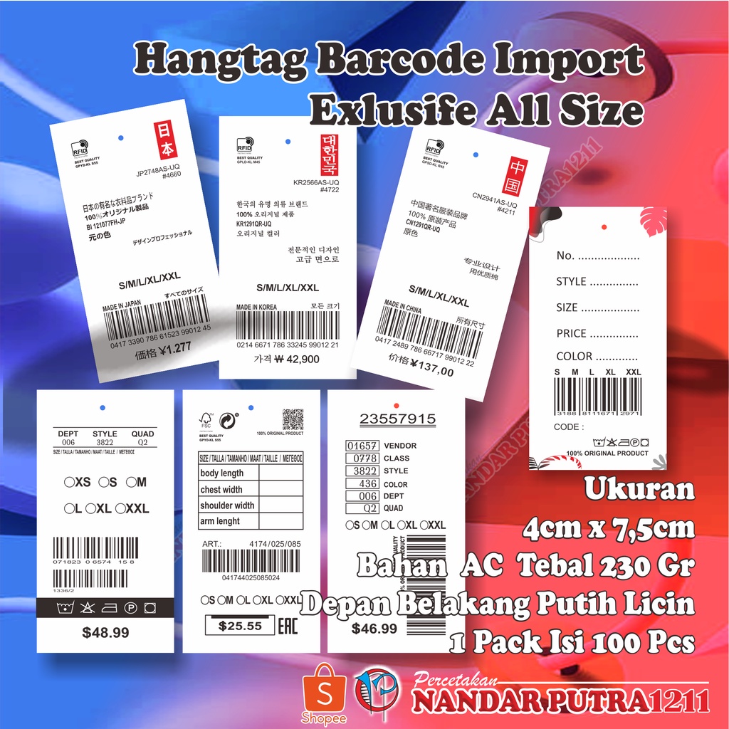 

(100Pcs) Label Hangtag Barcode Import Exlusife All Size/Hangtag Baju/Label Harga