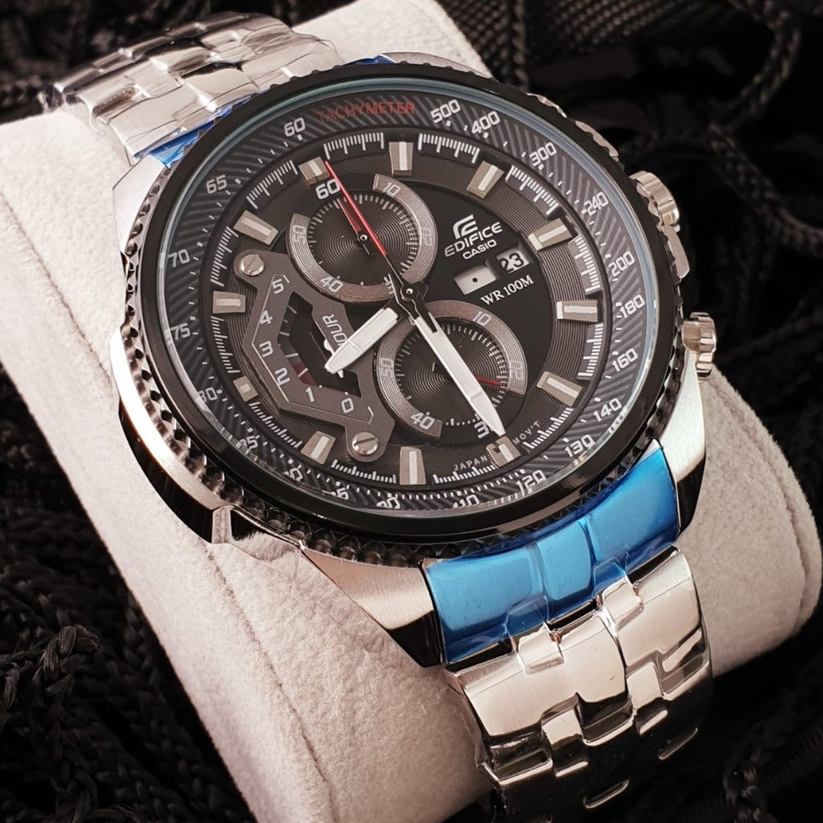 Jam Tangan Pria C*s*o ED*F*C* EF-558D-1A EF-558 Chronograph Black Dial Silver Steel