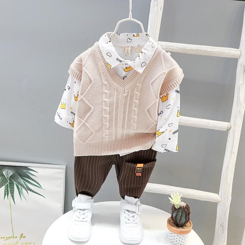Promo !! Setelan baju anak cowok / setelan 3in1 crown prince vest rajut ukuran  1-3tahun / Setelan formal anak import /Oneset baju anak keren