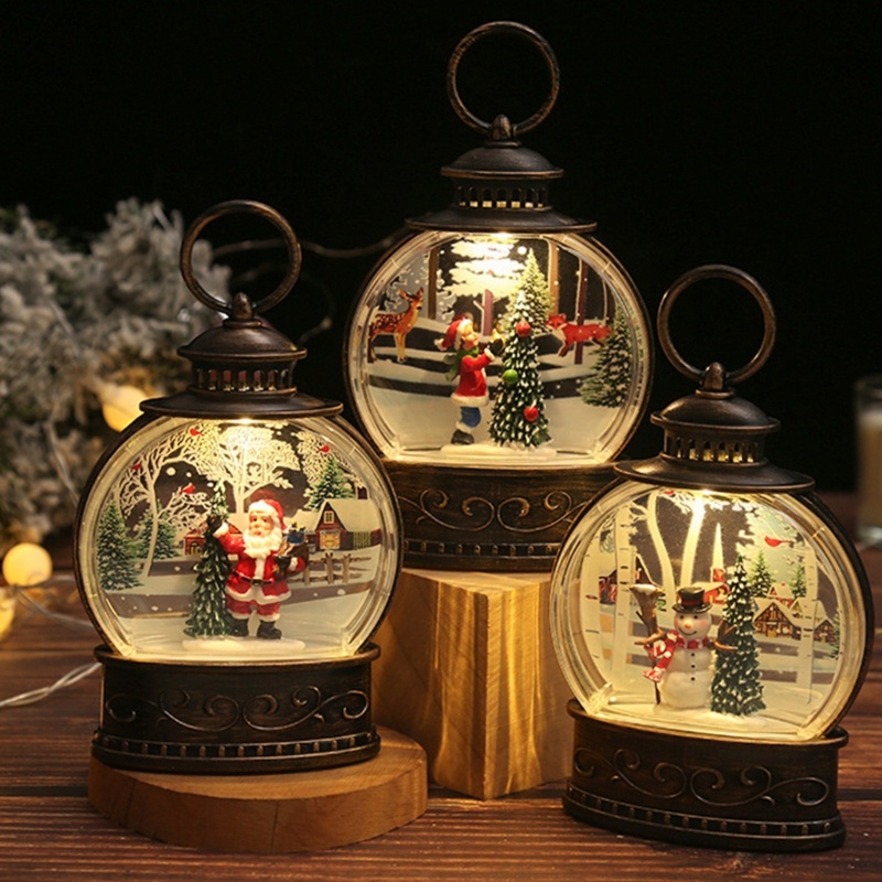 Lampu Lentera Tenaga Baterai Desain Snow Globe Santa Snowman Untuk Dekorasi Natal