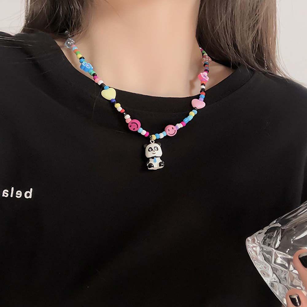 [Elegan] Korea Liontin Kalung Trendi Elegan Warna Permen Adjustable Manik-Manik Rantai Panda Senyum Wajah Kalung