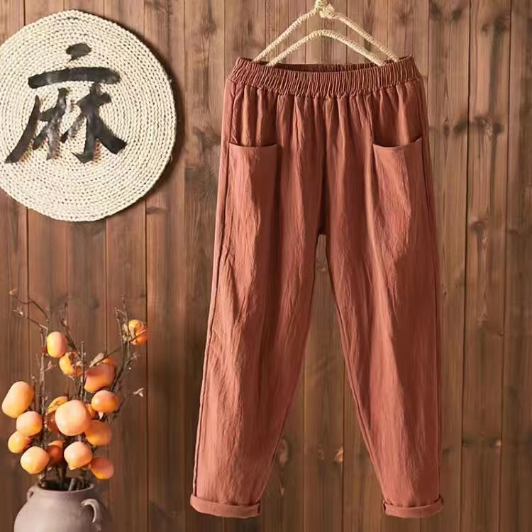 NEW!M-4XL Longgar Katun Linen Celana Wanita Ready Saku Besar Warna Solid Harem Women Casual Long Pants