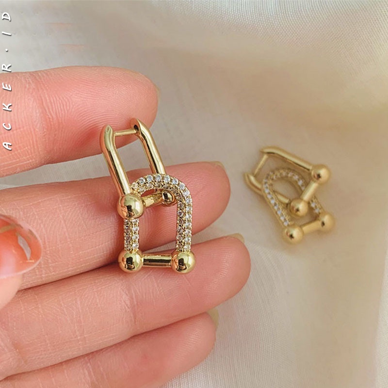 [ACKER] Fashion Zircon Square Chain Anting-Anting Kunci Kecil Anting-Anting Hoop Emas Geometris Tindik Anting-Anting