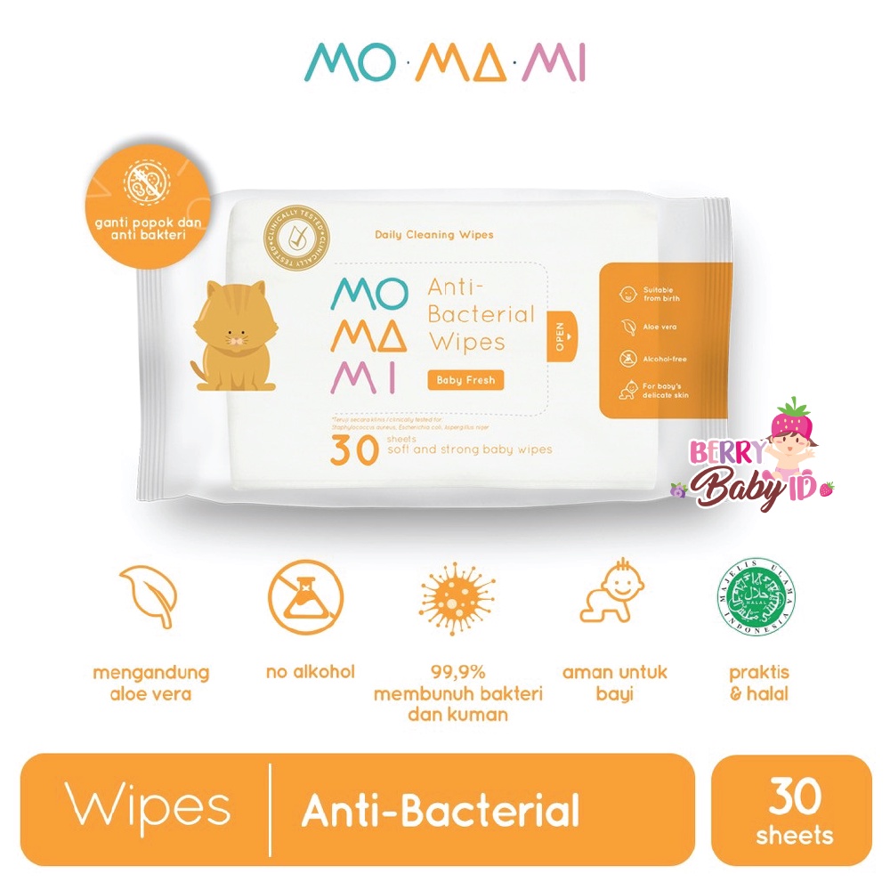 Momami Antibacterial Wipes Tisu Basah Antibakteri Non Alkohol 30 Sheet Berry Mart