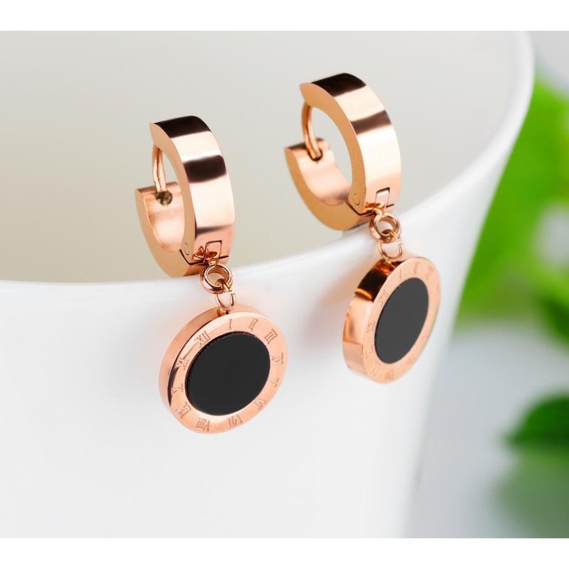 Anting Titanium Rose Gold Asli Wanita Fashion Anti Karat Murah AA003 Motif Bulat romawi hitam