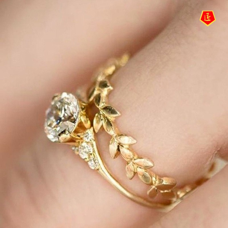 [Ready Stock]18K Golden Leaves Diamond Ring Set Fashionable and Elegant