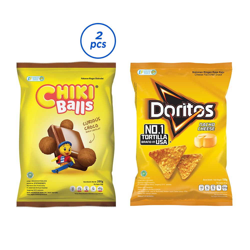 

Chiki Ball Coklat 200 Gr [2 pcs]+Doritos Nacho Cheese 160 Gr [1 pcs]