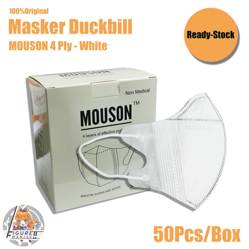 Figure Maniac - Masker MOUSON Duckbill Box isi 50 Pcs 4 PLY Putih Hitam Abu White Black Grey Original