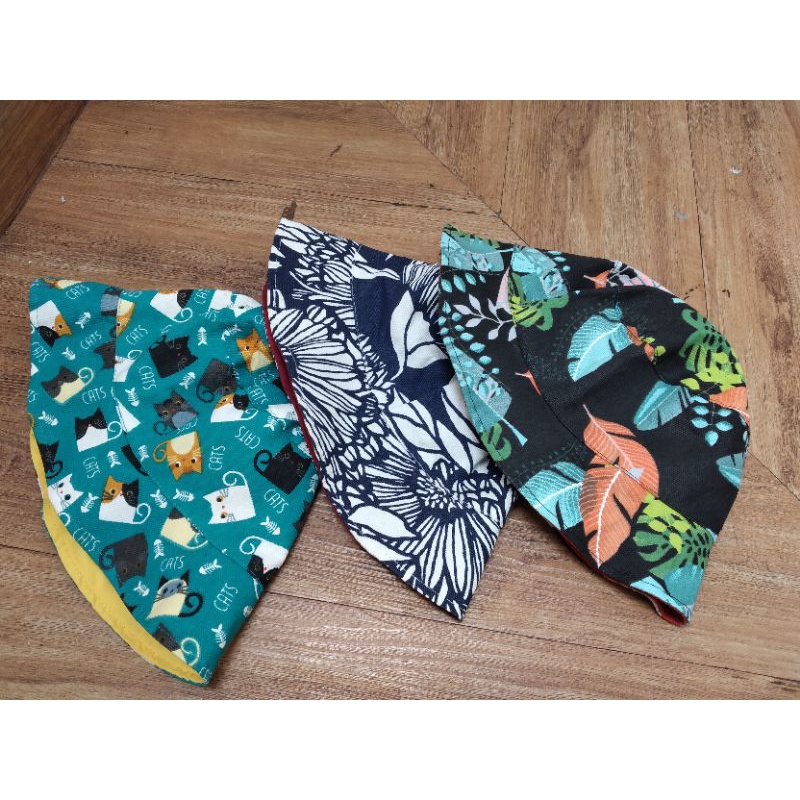 Bucket Hat Kanvas Motif Kucing Bunga Daun, Topi berkebun ukuran Jumbo, topi pantai, topi liburan