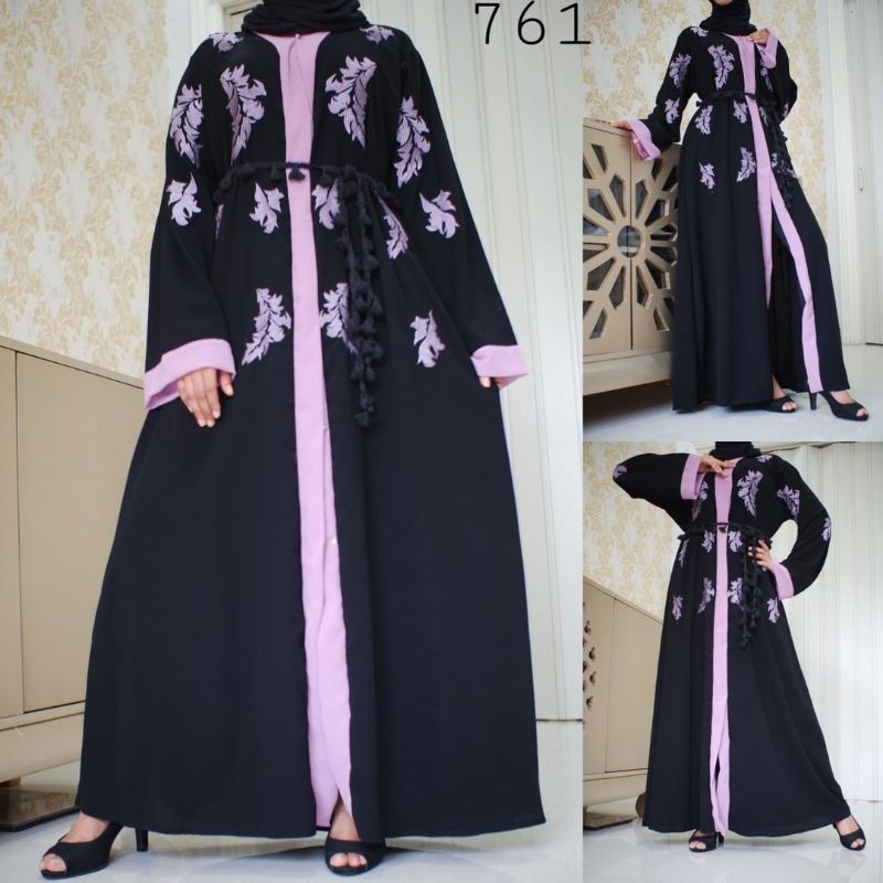 abaya gamis turkey hitam kombinasi pink all size madina arab saudi pesta long cardi outer