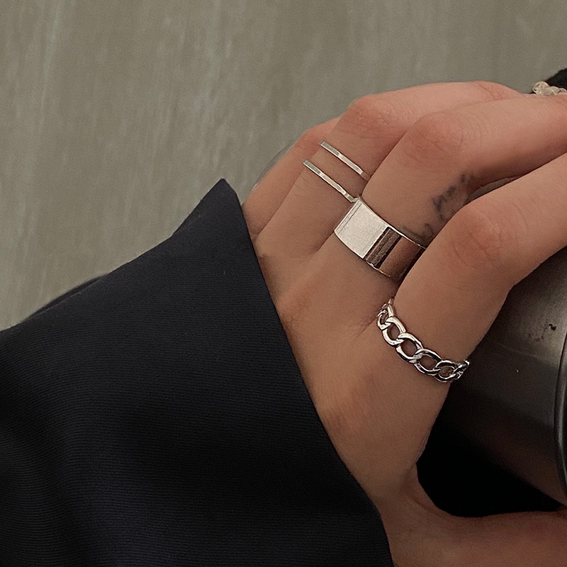 3pcs / Set Cincin Model Terbuka Warna Hitam Gaya Punk Korea