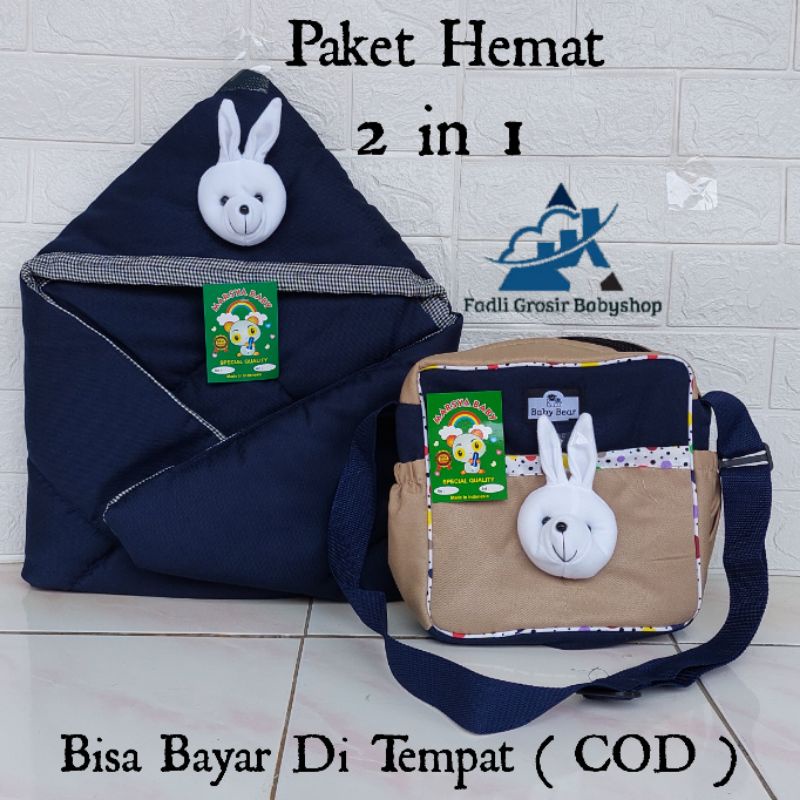 Paket Hemat ( 2 in 1 ) Tas Bayi Strip Boneka Dan Selimut Bayi Topi Boneka Kelinci