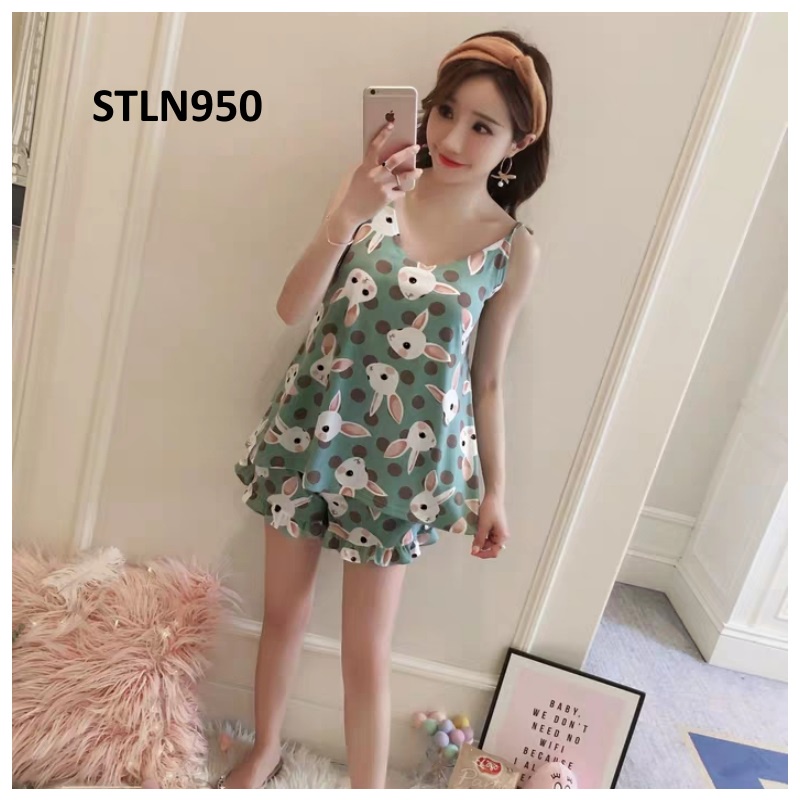 Baju Tidur Wanita Tanktop Flower Green White