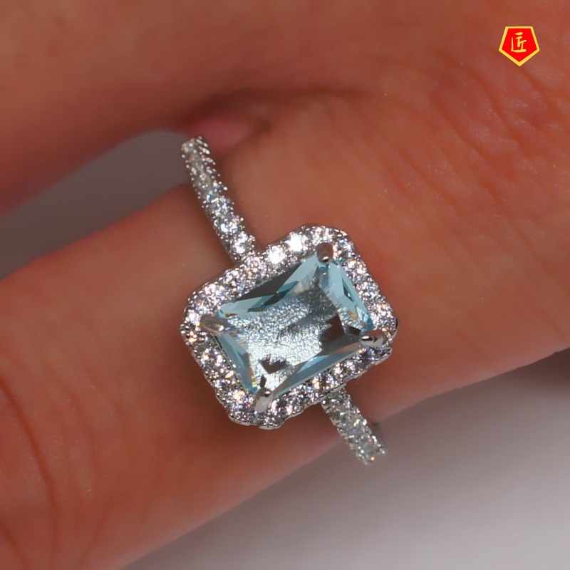 [Ready Stock]Simple Personality Topaz Square Blue Diamond Ring