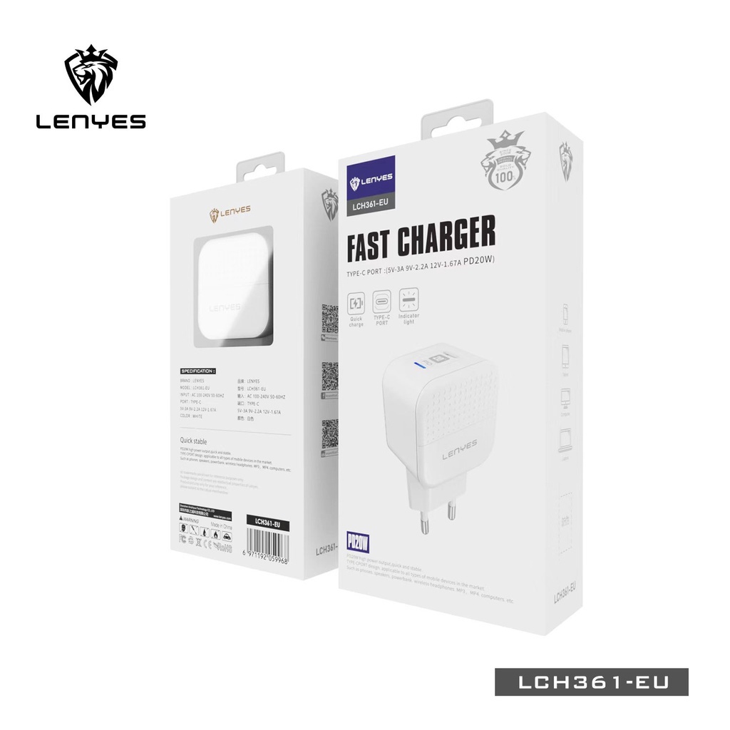 LENYES LCH361 adaptor charger PD 20W FAST CHARGING 3.0A Power Delivery Port Type C Batok Kepala Cas HP original