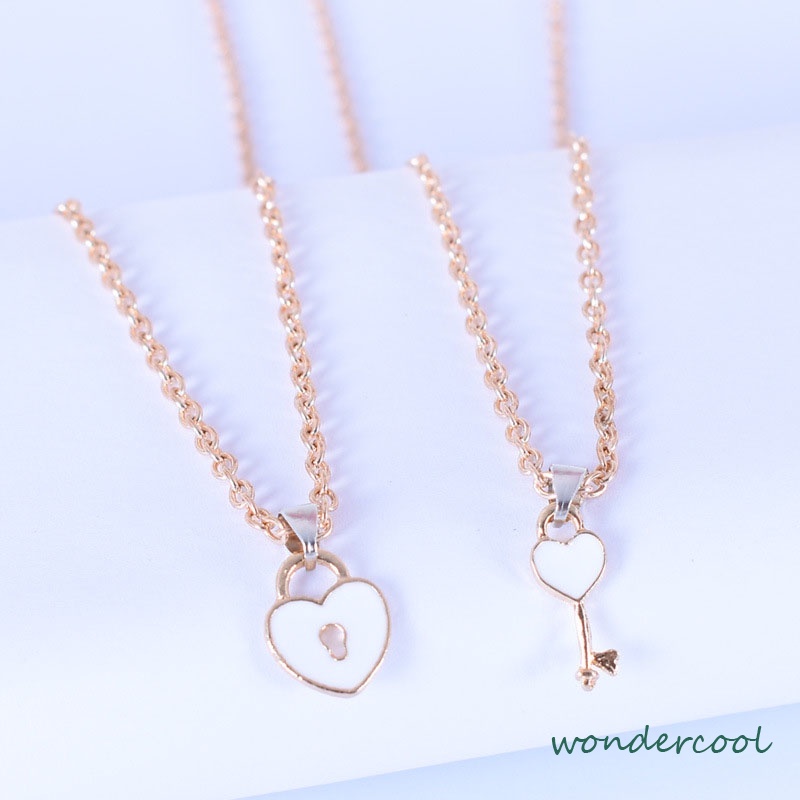 2 Pcs Fashion Wanita Trendi Kunci Liontin Link Rantai Kalung Hati Pasangan Pecinta Kalung-Won