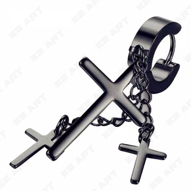 ANTING PRIA WANITA TUSUK GANTUNGAN 3 SALIB KOMBINASI RANTAI STAINLESS STEEL PUNK KPOP KOREA