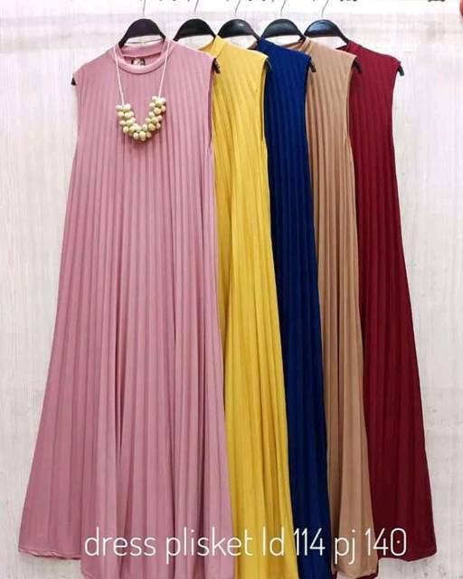 [BISA COD] LONG DRESS PLISKET// DRESS PLISKET TANPA LENGAN