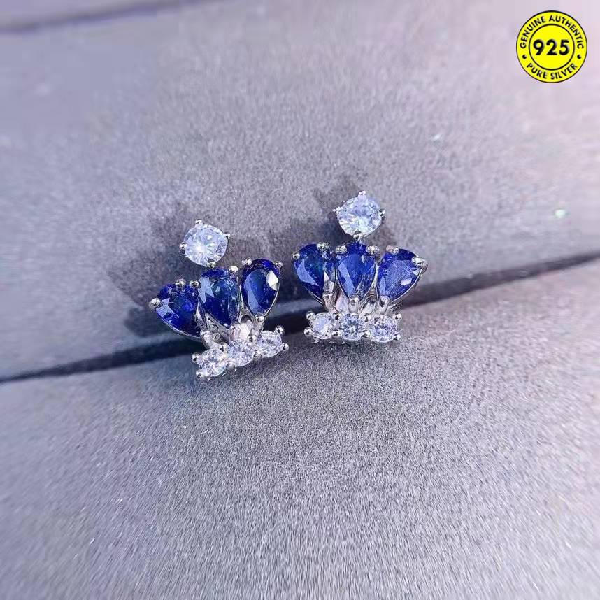 Anting Tusuk Gantung Desain Mahkota Hias Sapphire Biru Gaya Naturalmewah Untuk Wanita